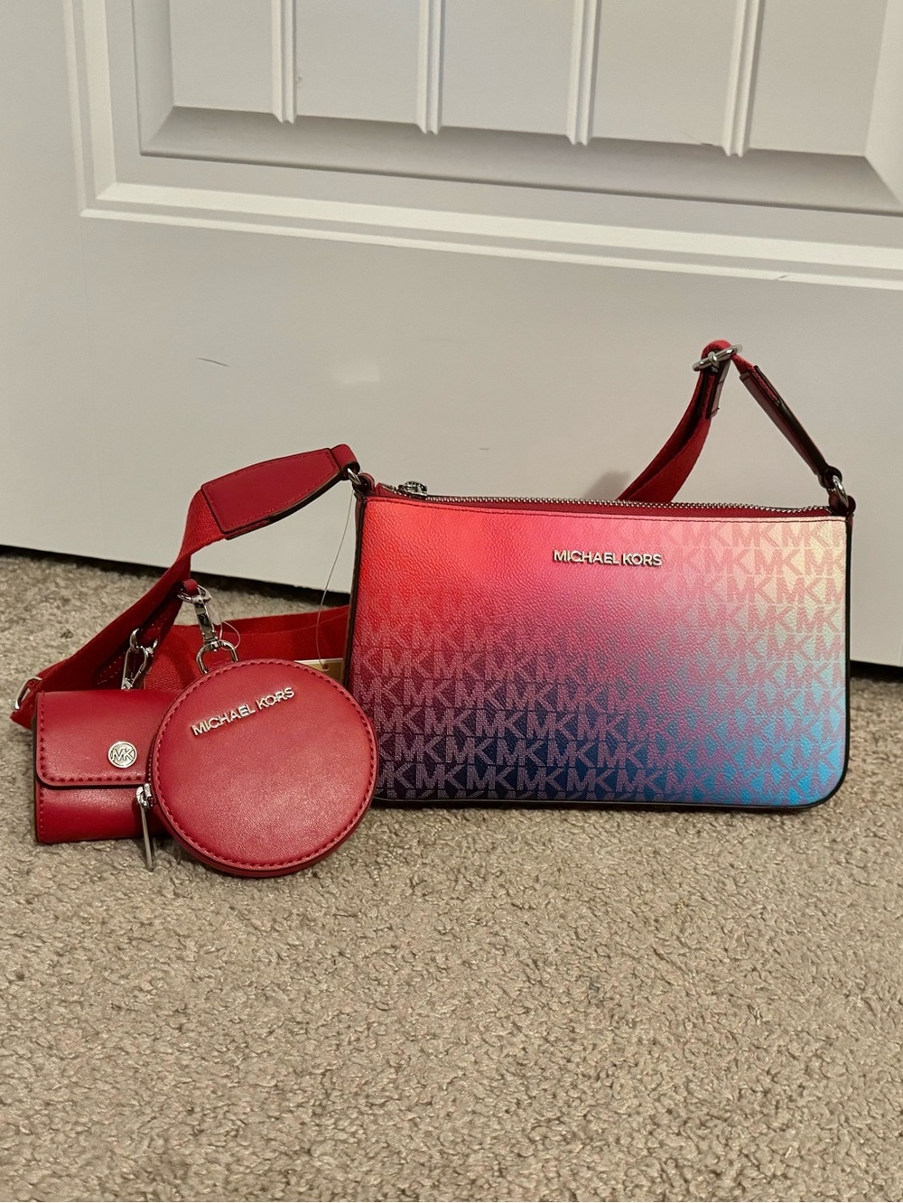Cool MICHAEL Michael Kors pink blue monogram hombre crossbody purse leather new